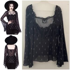 Killstar Maya Babydoll Top 3XL Black Flare Sleeve Mesh Witchy Gothic Vamp Moons